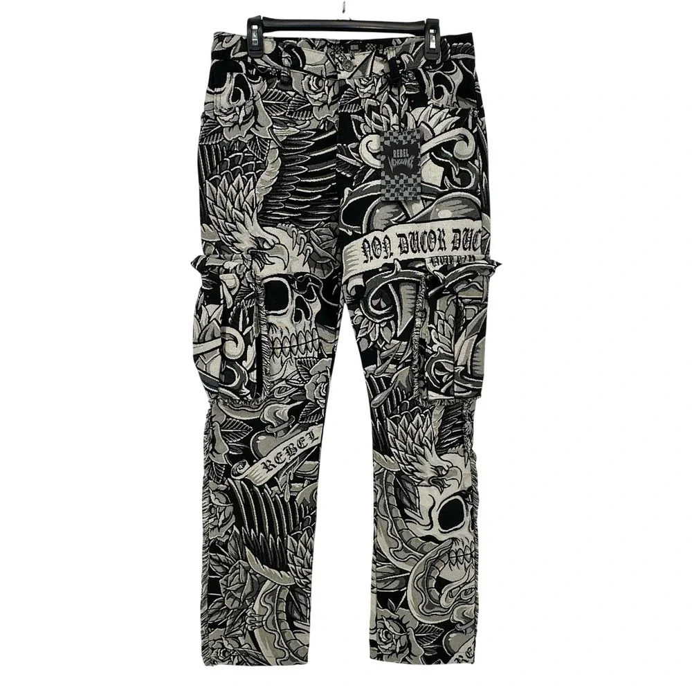 Rebel Vengeance Cargo Pants Mens 30 Black White Skull Tapestry Straight Leg NWT